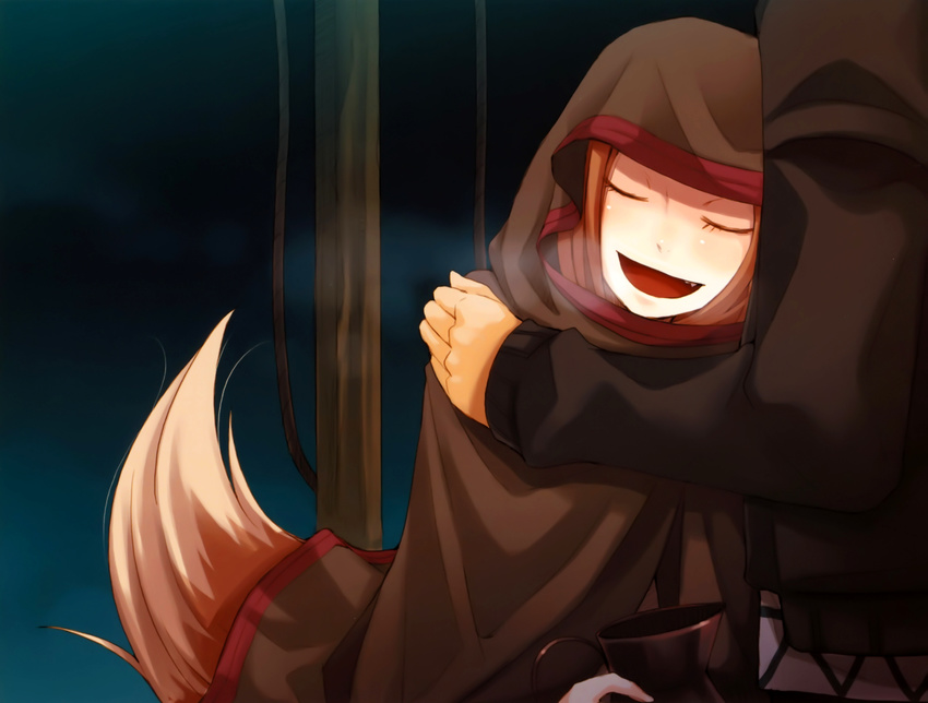1girl absurdres ayakura_juu brown_hair closed_eyes fang hand_on_another's_shoulder highres holo hood official_art open_mouth spice_and_wolf tail wolf_tail
