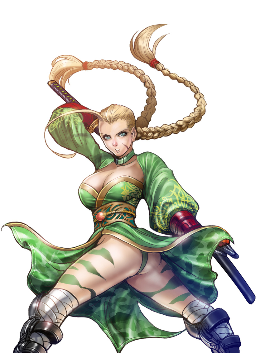 alternate_costume antenna_hair armor ass bad_anatomy bandages blonde_hair blue_eyes braid breasts cammy_white camouflage capcom choker cleavage company_connection eyeshadow fundoshi greaves highres japanese_clothes kimono large_breasts legs long_hair makeup no_hat no_headwear obi official_art onimusha_soul ootachi over_shoulder sash scar sheath sheathed simple_background solo street_fighter sword sword_over_shoulder takeda_sana thighs twin_braids twisted_torso weapon weapon_over_shoulder white_background