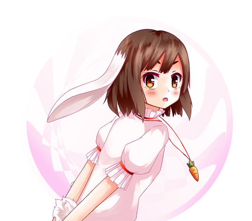 :o animal_ears aps_(alice-momizi) arms_behind_back bad_id bad_pixiv_id brown_hair bunny_ears bunny_tail carrot dress inaba_tewi jewelry looking_at_viewer pendant pink_dress red_eyes short_hair short_sleeves simple_background solo tail touhou v_arms white_background