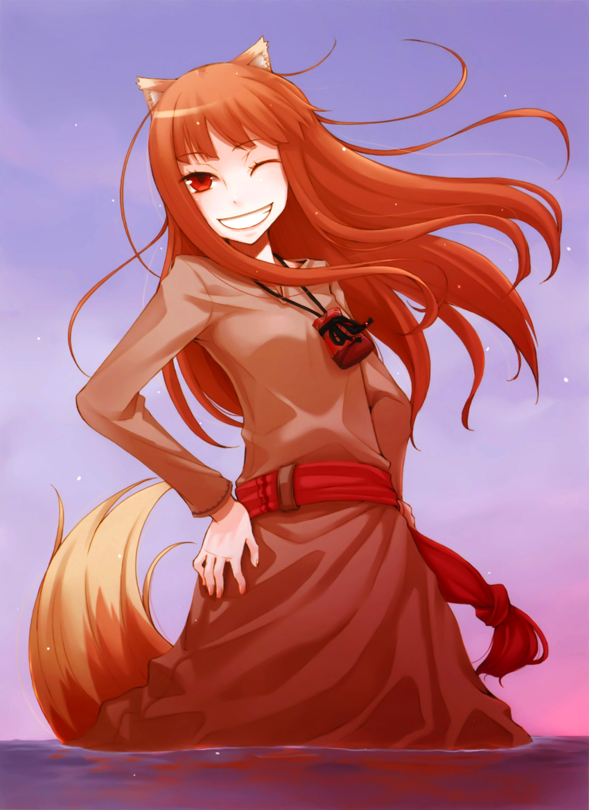 absurdres animal_ears ayakura_juu blush brown_hair hand_on_hip highres holo long_hair official_art one_eye_closed pouch red_eyes scan skirt smile solo spice_and_wolf tail wading water wolf_ears wolf_tail