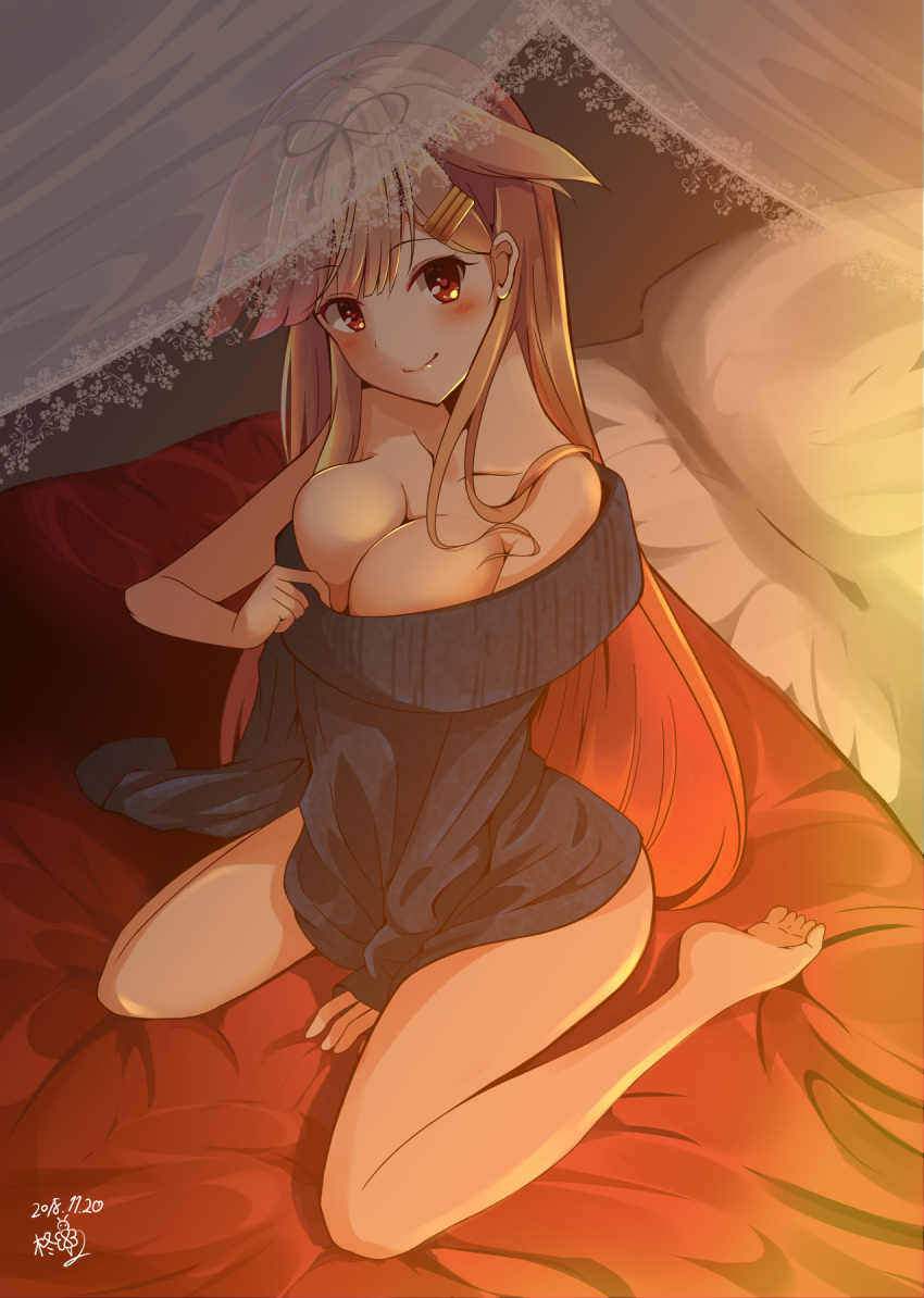 alternate_costume amagami_(makise_tsubaki) barefoot bedroom black_ribbon blonde_hair blush breasts cleavage closed_mouth collarbone commentary_request dated eyebrows_visible_through_hair gradient_hair hair_flaps hair_ornament hair_ribbon hairclip highres kantai_collection long_hair looking_at_viewer medium_breasts messy_hair multicolored_hair naked_sweater off_shoulder on_bed red_eyes remodel_(kantai_collection) revision ribbon sitting sitting_on_bed smile solo sweater wariza yuudachi_(kantai_collection)