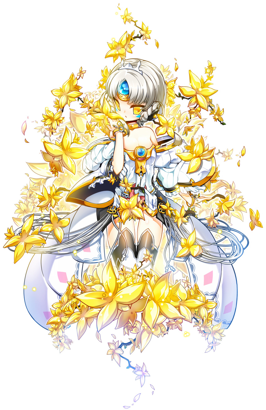 absurdres bad_id bad_pixiv_id bare_shoulders braid choker code:_empress_(elsword) detached_sleeves dress elsword eve_(elsword) flower highres poseich short_hair solo thigh_gap thighhighs white_hair white_sleeves yellow_choker yellow_eyes