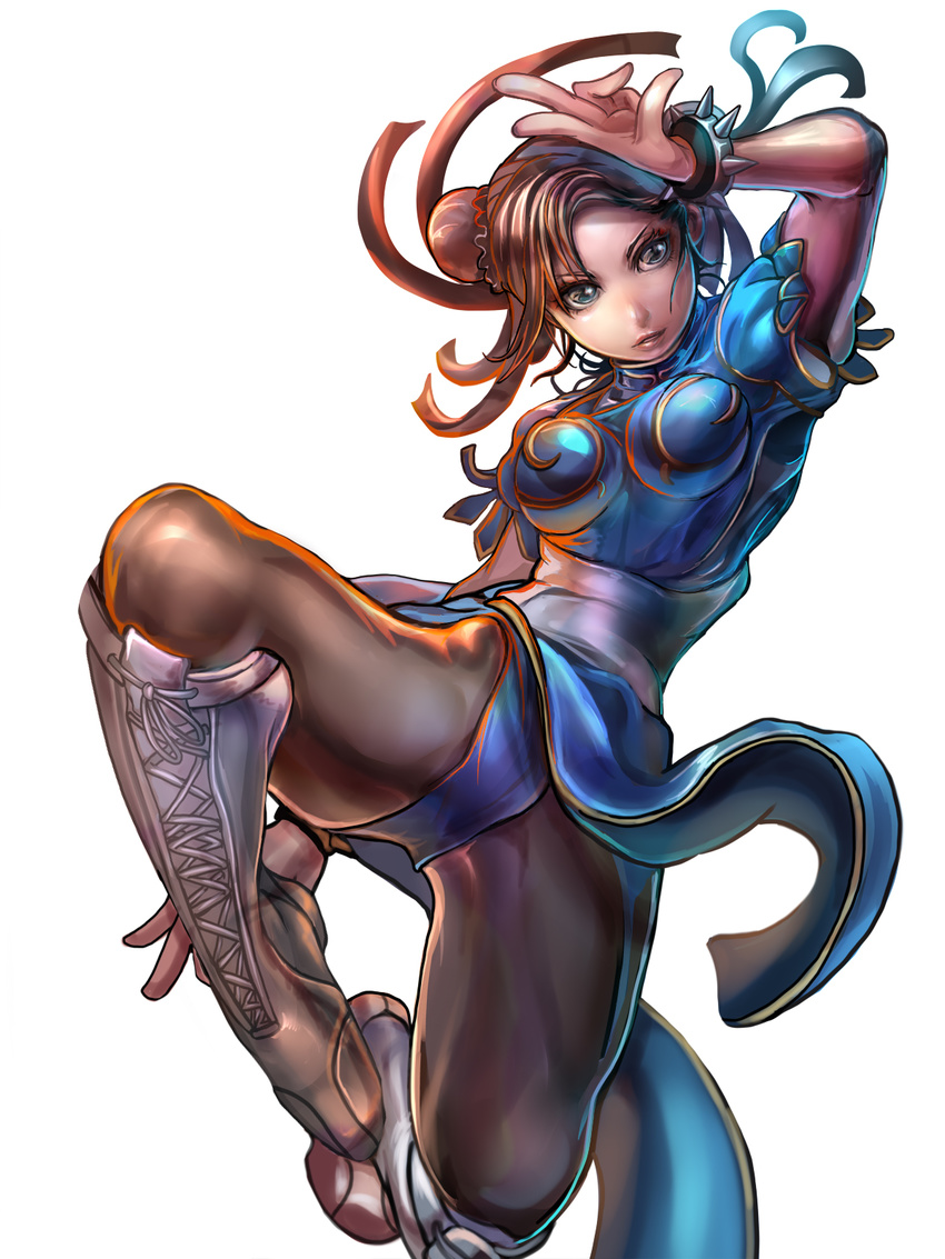 blue_eyes boots bracelet breasts brown_hair bun_cover capcom china_dress chinese_clothes chun-li company_connection cross-laced_footwear double_bun dress highres jewelry kicking knee_boots lace-up_boots lips medium_breasts official_art onimusha_soul pantyhose parted_lips pelvic_curtain sakai_yuuki_(yu_kino) sash short_hair simple_background solo spiked_bracelet spikes street_fighter white_background