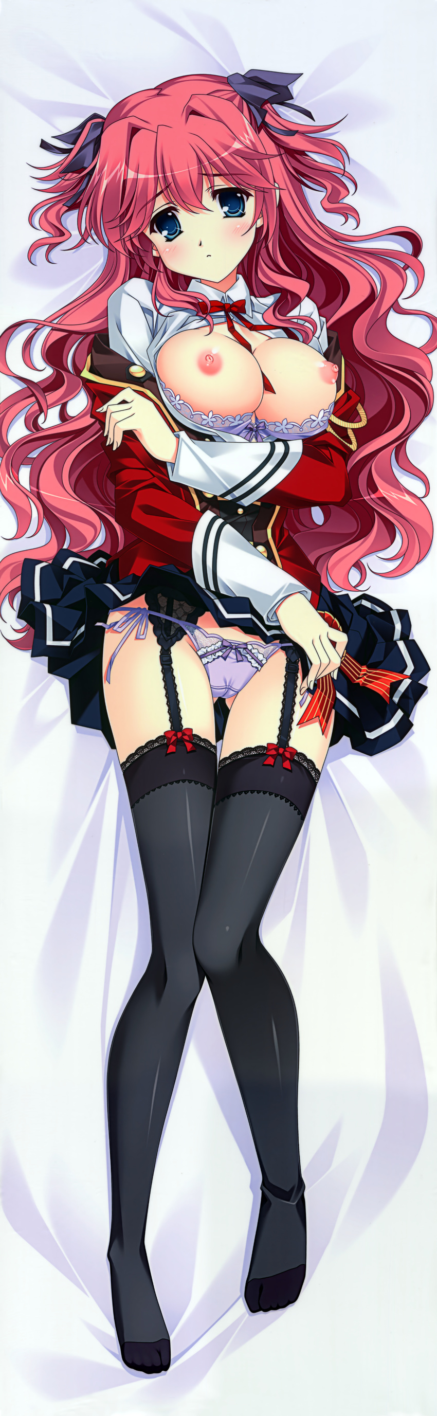 1girl absurdres ankoromochi black_legwear blue_eyes bra bra_pull breasts cleavage dakimakura fixed garter_belt highres ichijouji_yura knees_together_feet_apart lace lace-trimmed_bra lace-trimmed_panties lace-trimmed_thighhighs legs long_hair long_image nipples open_clothes open_shirt panties pink_hair possible_duplicate purple_bra purple_panties school_uniform shirt shitsuji_ga_aruji_wo_erabu_toki side-tie_panties skirt skirt_lift tall_image thighhighs underwear upskirt