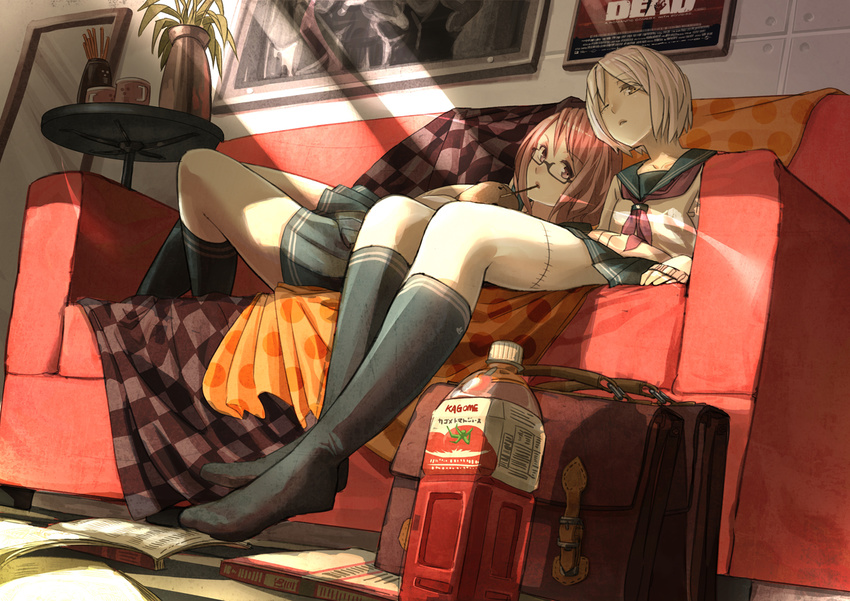 bag black_legwear blonde_hair book bottle brown_eyes brown_hair checkered couch food from_below fujita_(condor) glasses kneehighs looking_at_viewer lying multiple_girls no_shoes one_eye_closed original pocky scar school_bag school_uniform serafuku short_hair sitting sleeves_past_wrists stitches stuffed_animal stuffed_toy sunlight tomato_juice yellow_eyes