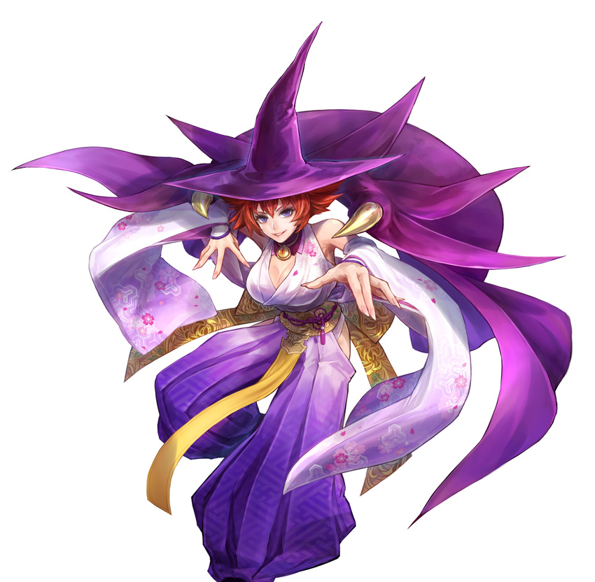 alternate_costume breasts cleavage detached_sleeves floral_print hakama hat highres japanese_clothes kimono large_breasts obi official_art onimusha_soul purple_eyes red_hair sash sayagata shinomaru short_hair simple_background solo tabasa warzard white_background wide_sleeves witch witch_hat