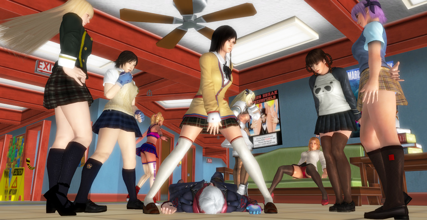 1boy 3d 6+girls ass ayane ayane_(doa) between_legs book cheating cheerleader crossover dead_or_alive devil_may_cry devil_may_cry_4 emilie_de_rochefort grasshopper_manufacture juliet_starling kazama_asuka kokoro kokoro_(doa) lei_fang lili_(tekken) lollipop_chainsaw multiple_girls nero_(devil_may_cry) panties poster pyrrha_alexandra skirt soul_calibur soulcalibur_v tecmo tekken tina_armstrong underwear