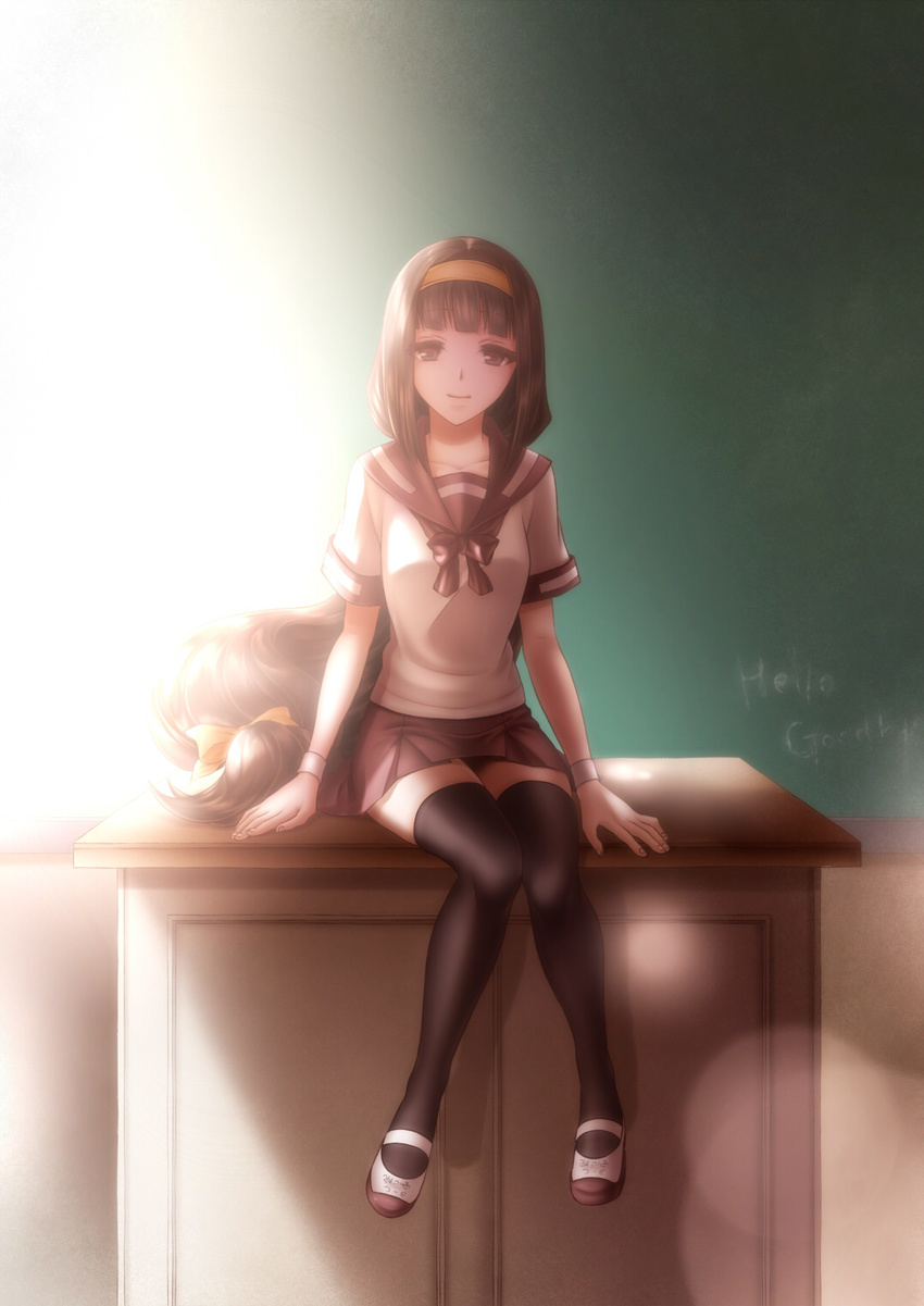 ajimu_najimi arms_at_sides bad_id bad_pixiv_id bangs black_legwear bloom blunt_bangs brown_hair brown_skirt chalkboard classroom desk english foot_dangle full_body hair_ribbon hairband highres indoors knees_together_feet_apart lens_flare long_hair looking_at_viewer low-tied_long_hair medaka_box nuruhachi_(honki) on_desk pleated_skirt ribbon school_uniform serafuku shoes short_sleeves sitting sitting_on_desk skirt sunlight thighhighs uwabaki very_long_hair wristband zettai_ryouiki