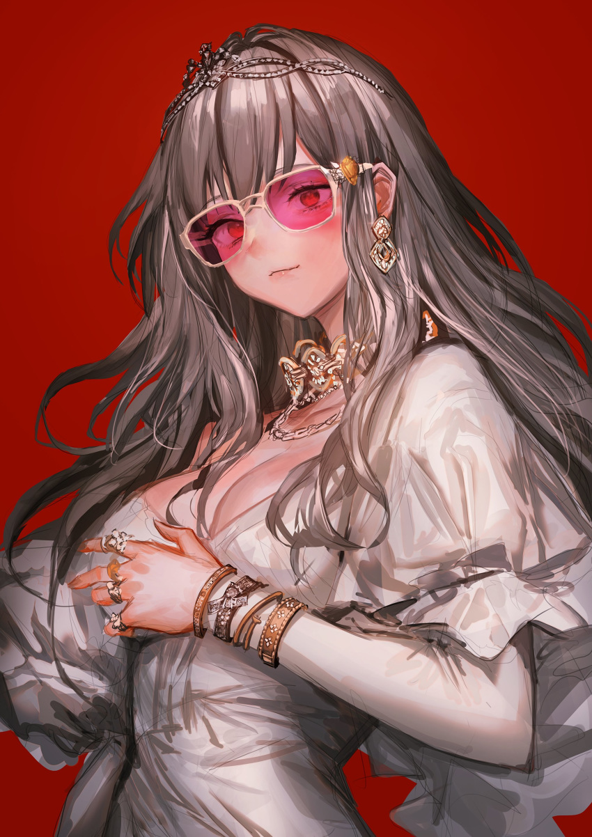 1girl absurdres bangle bracelet breasts brown_hair commentary earrings highres jewelry lm7_(op-center) long_hair looking_at_viewer necklace original red_background ring simple_background solo sunglasses tiara upper_body
