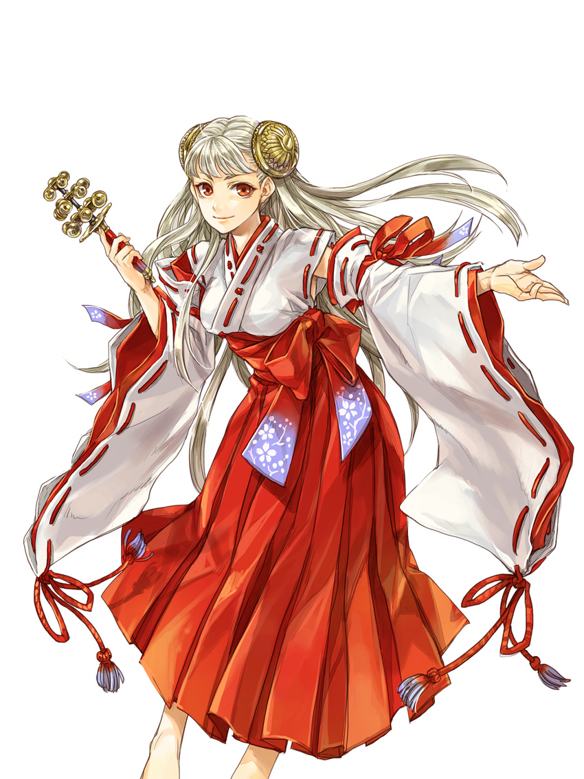 alternate_costume barefoot bell capcom_fighting_jam detached_sleeves hagiya_kaoru hairpods highres ingrid japanese_clothes jingle_bell kagura_suzu long_hair miko official_art onimusha_soul red_eyes simple_background smile solo very_long_hair wand white_background white_hair wide_sleeves