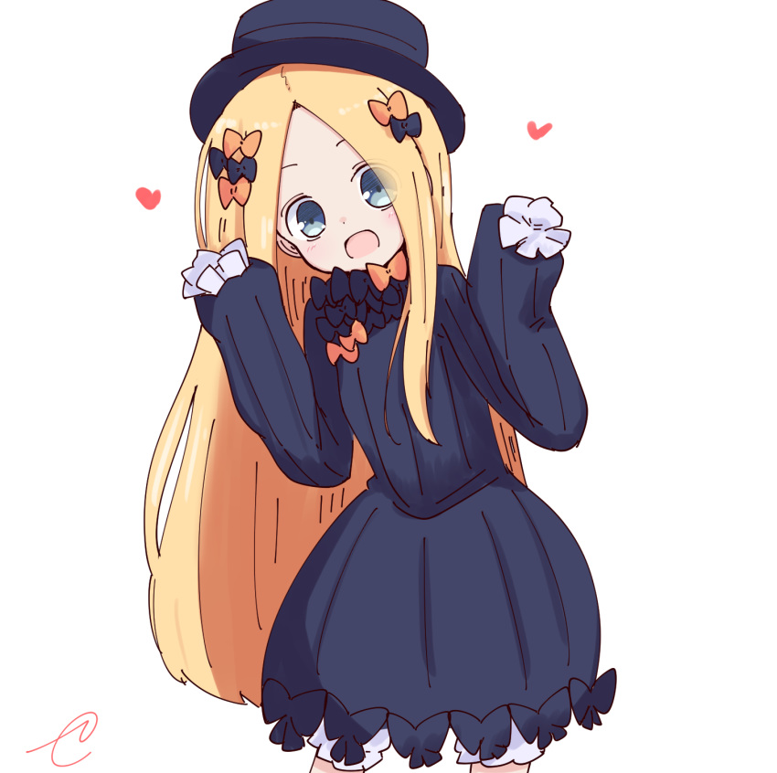 :d abigail_williams_(fate/grand_order) bangs black_bow black_dress black_hat blonde_hair bloomers blue_eyes blush bow bug butterfly commentary_request cowboy_shot dress eyes_visible_through_hair fate/grand_order fate_(series) forehead hair_bow hands_up hat heart highres insect kujou_karasuma leaning_to_the_side long_hair long_sleeves looking_at_viewer open_mouth orange_bow parted_bangs polka_dot polka_dot_bow revision signature simple_background sleeves_past_fingers sleeves_past_wrists smile solo underwear very_long_hair white_background white_bloomers