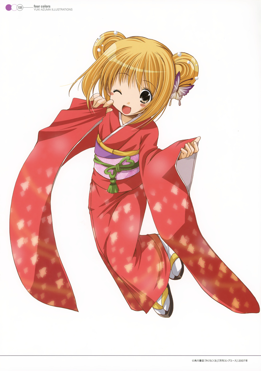 ;d absurdres azuma_yuki blonde_hair blush_stickers brown_eyes double_bun full_body furisode highres japanese_clothes kimono long_hair looking_at_viewer one_eye_closed open_mouth original red_kimono simple_background smile solo white_background wide_sleeves yukata