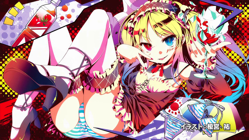 ankle_lace-up blonde_hair blue_eyes boku_wa_tomodachi_ga_sukunai bottle bow broken_glass cross-laced_footwear detached_collar detached_sleeves directional_arrow end_card fangs garters glass hairband hasegawa_kobato heterochromia high_heels kamiya_yuu lolita_fashion lolita_hairband long_hair looking_at_viewer lying nail_polish non-web_source on_back panties platform_footwear platform_heels puffy_sleeves red_eyes screencap shoes slit_pupils solo strap_slip striped striped_panties striped_swimsuit stuffed_animal stuffed_bunny stuffed_toy sun_(symbol) swimsuit thighhighs tomato_juice two_side_up underwear white_legwear