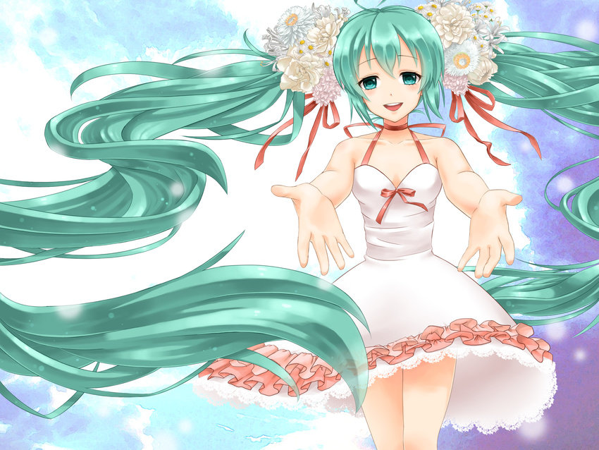 ahoge dress floating_hair flower green_eyes green_hair hair_flower hair_ornament hatsune_miku highres long_hair nonaka_hako open_mouth outstretched_arms solo twintails very_long_hair vocaloid