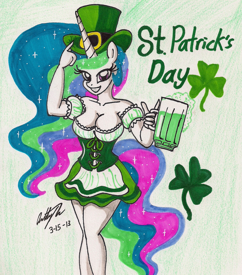 anthrofied clover_leaf female friendship_is_magic hat holidays my_little_pony newyorkx3 plain_background princess princess_celestia_(mlp) royalty st._patrick's_day st_patrik's_day top_hat white_background