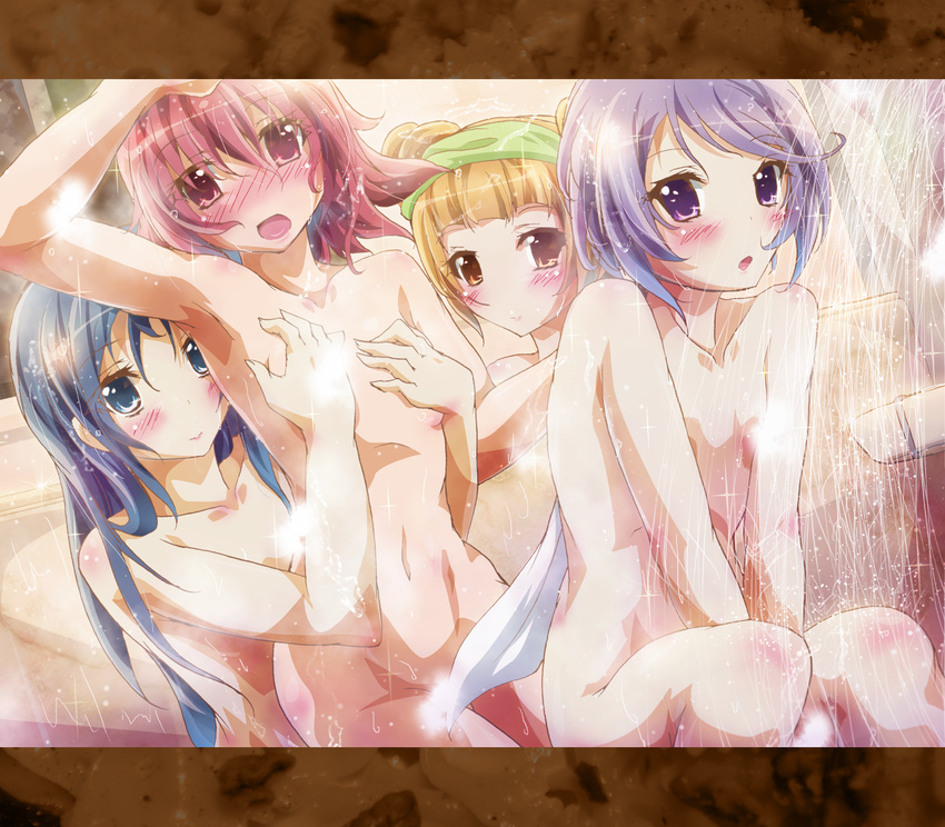 :o aida_mana arm_up blue_eyes blue_hair blush breast_grab brown_eyes brown_hair censored collarbone covering covering_breasts dokidoki!_precure double_bun flat_chest flat_chest_grab grabbing highres hishikawa_rikka inoshishi_(ikatomo) kenzaki_makoto letterboxed long_hair multiple_girls nude pink_eyes pink_hair precure purple_eyes purple_hair short_hair showering smile towel v_arms yotsuba_alice yuri