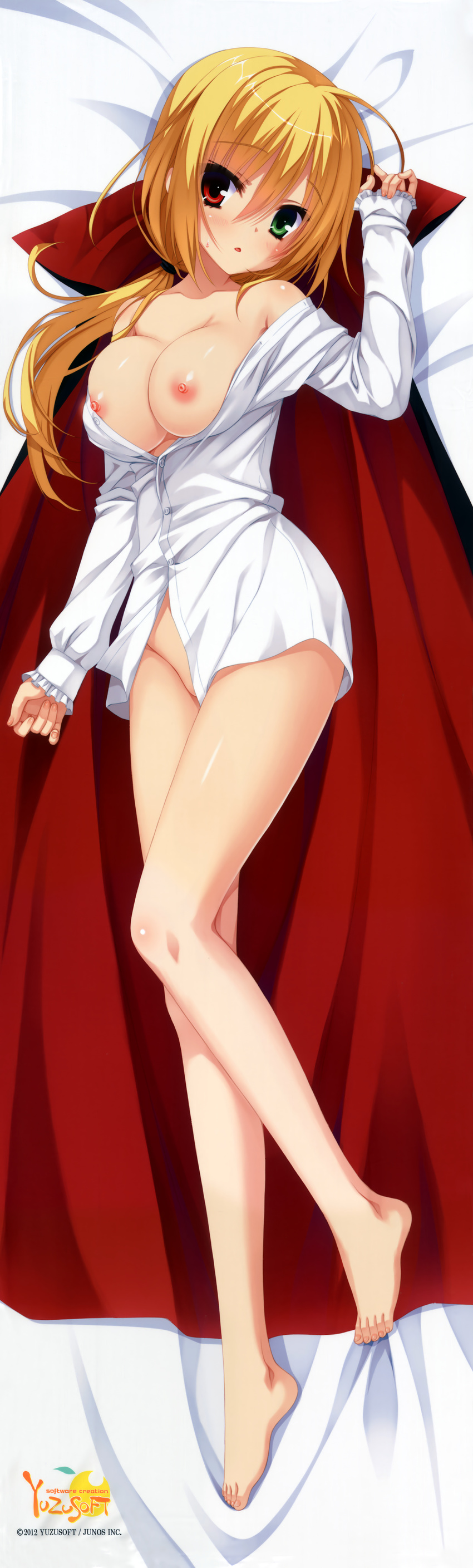 :&lt; absurdres bare_legs bare_shoulders barefoot blonde_hair breasts cape cleavage dakimakura dracu-riot! dress_shirt full_body heterochromia highres huge_filesize large_breasts long_hair low_ponytail lying muririn naked_shirt nicola_cepheus nipples off_shoulder parted_lips scan shirt sleeves_past_wrists solo sweatdrop