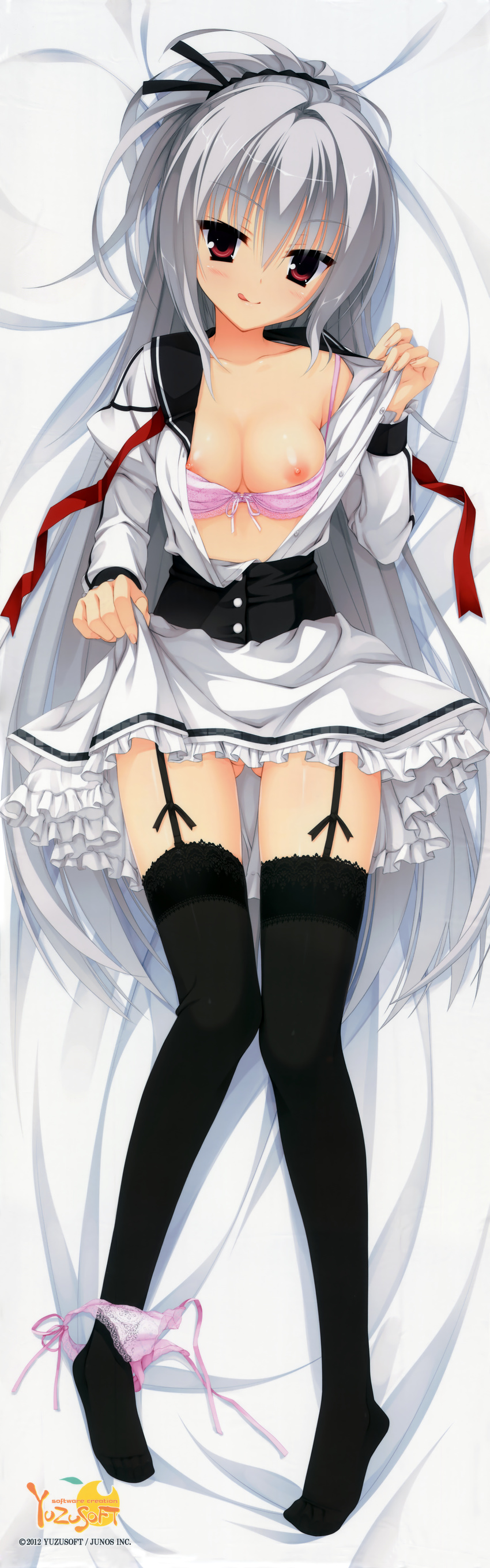 :q absurdres bed_sheet black_legwear blush bra bra_pull breasts cleavage collarbone copyright_name dakimakura dracu-riot! elena_olegovna_owen front-tie_top full_body garter_straps grey_hair highres huge_filesize knees_together_feet_apart kobuichi lace lace-trimmed_thighhighs lace_bra lace_panties long_hair lying medium_breasts nipples off_shoulder panties panties_around_one_leg pink_bra ponytail red_eyes scan school_uniform side-tie_panties solo string_panties thighhighs tongue tongue_out underwear untied untied_panties very_long_hair