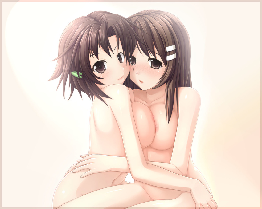 blush breast_press breasts brown_eyes brown_hair hair_ornament hairclip highres hug large_breasts masaki_nonoka multiple_girls navel niimi_haruka_(photokano) nude photokano symmetrical_docking takacchi yuri