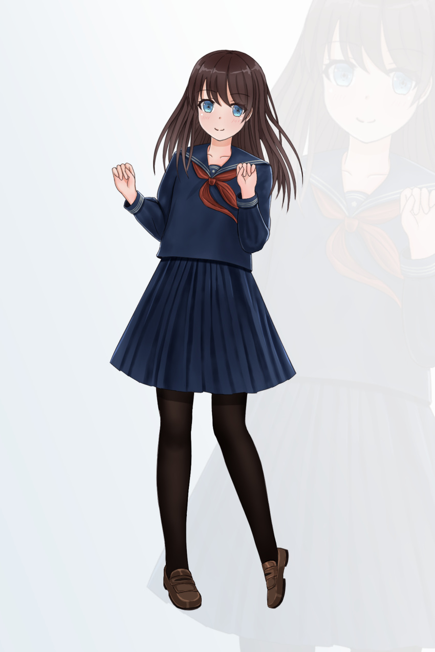 bangs biako blue_eyes blue_sailor_collar blue_serafuku blue_shirt blue_skirt blush brown_footwear brown_hair brown_legwear closed_mouth collarbone commentary eyebrows_visible_through_hair full_body grey_background hair_between_eyes highres leaning_to_the_side loafers long_hair neckerchief original pantyhose pleated_skirt red_neckwear revision sailor_collar school_uniform serafuku shirt shoes skirt smile solo standing standing_on_one_leg zoom_layer