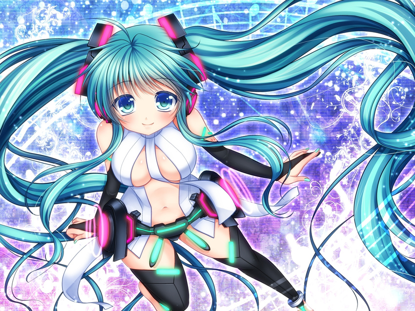 anklet aqua_eyes aqua_hair asazuki_kanai beamed_eighth_notes bridal_gauntlets center_opening eighth_note hatsune_miku hatsune_miku_(append) headphones highres jewelry long_hair looking_at_viewer musical_note nail_polish navel necktie quarter_note smile solo staff_(music) thighhighs twintails very_long_hair vocaloid vocaloid_append