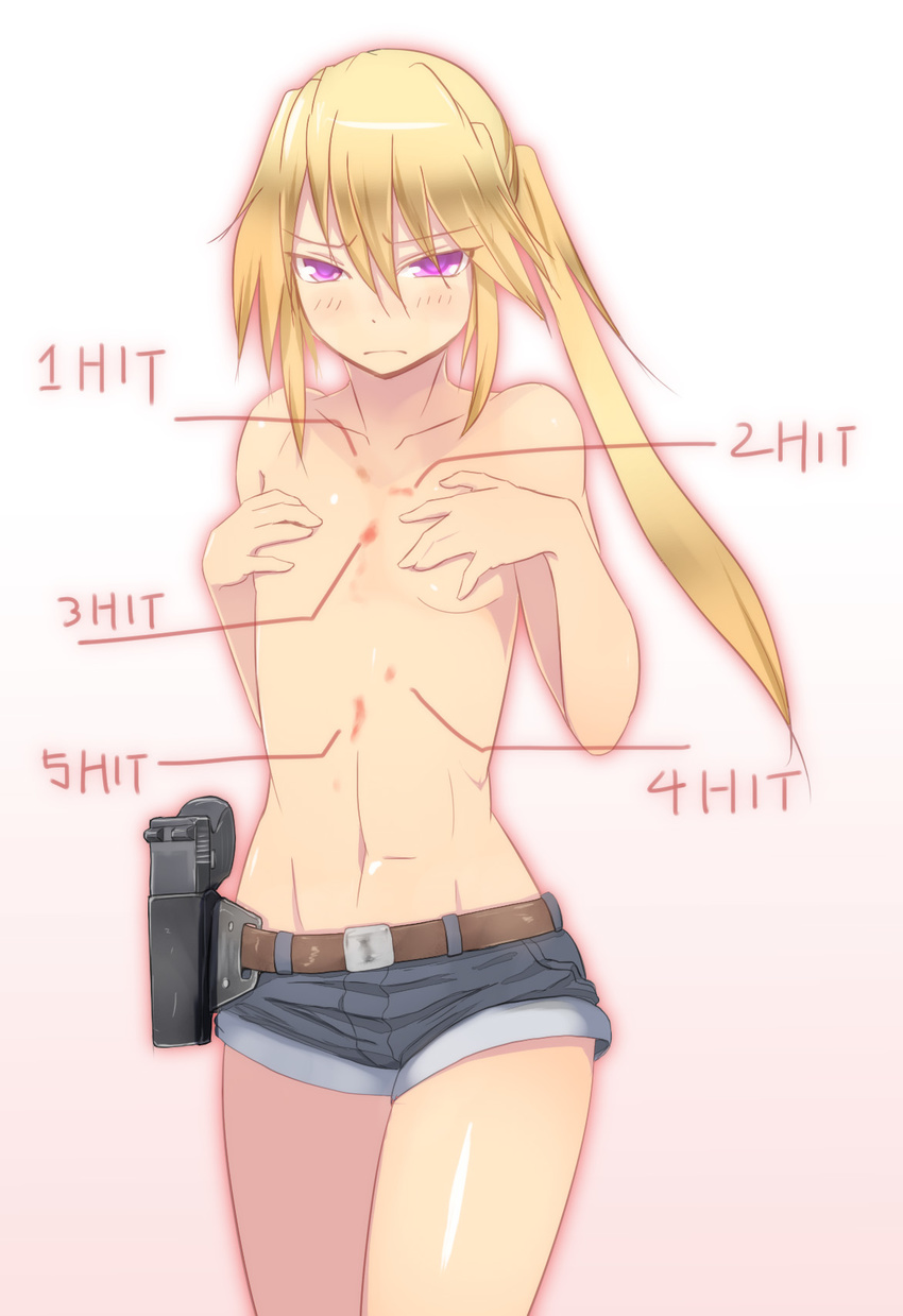 belt blonde_hair blush burn_mark commentary_request covering covering_breasts flat_chest frown gradient gradient_background gun handgun highres holster long_hair looking_at_viewer navel onibi_(foxhound4185) original pink_eyes shorts solo topless weapon