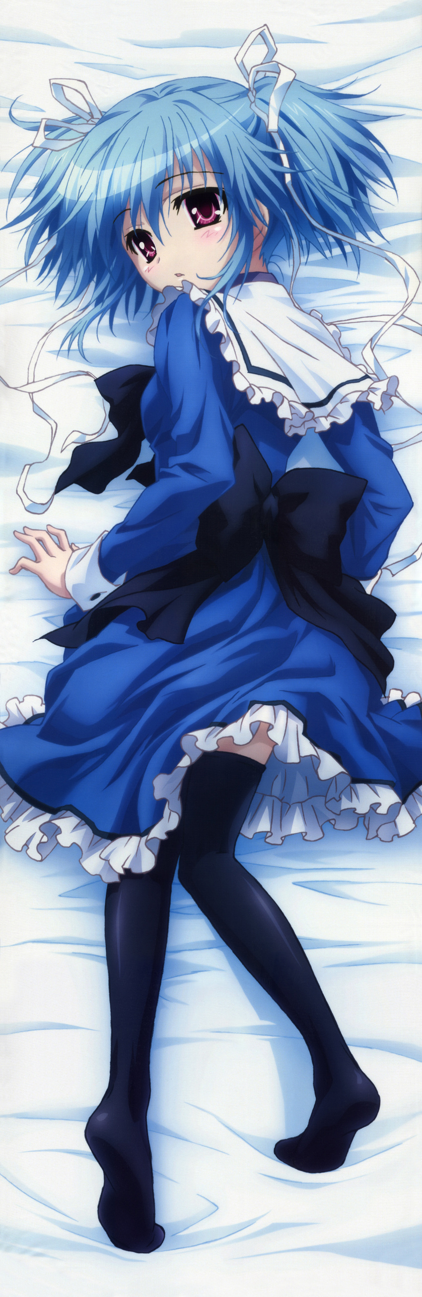 absurdres artist_request back_bow bed bed_sheet black_legwear blue_hair blush bow dakimakura from_above full_body highres looking_at_viewer looking_back lying mashiroiro_symphony md5_mismatch on_bed on_stomach purple_eyes school_uniform solo thighhighs uryuu_sakuno