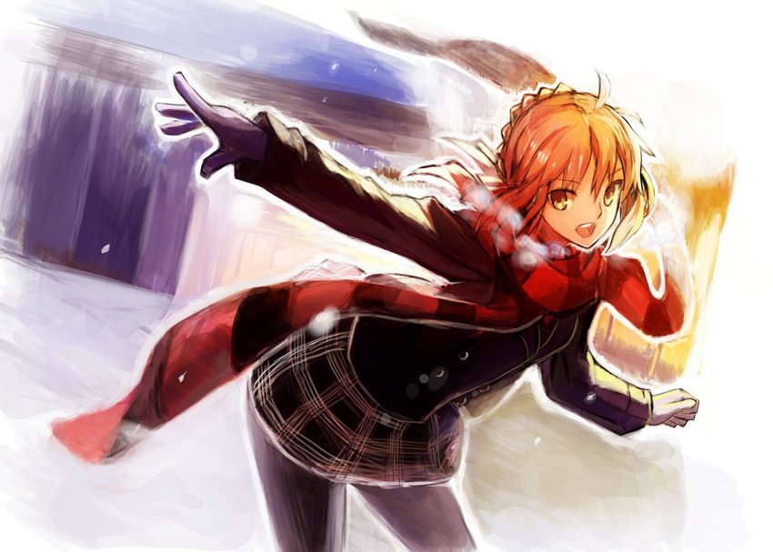 :d ahoge artoria_pendragon_(all) bent_over black_skirt blonde_hair braid breath contemporary derivative_work fate/stay_night fate_(series) french_braid gloves green_eyes harunatsu_akifumi highres open_mouth pantyhose plaid plaid_skirt red_scarf reference_photo saber scarf single_glove skirt smile solo striped striped_scarf winter
