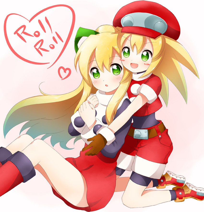 blonde_hair blush blush_stickers boots dual_persona gloves green_eyes hair_ribbon hat highres knee_boots multiple_girls mushuu open_mouth red_shorts red_skirt ribbon rockman rockman_(classic) rockman_dash roll roll_caskett shorts skirt smile