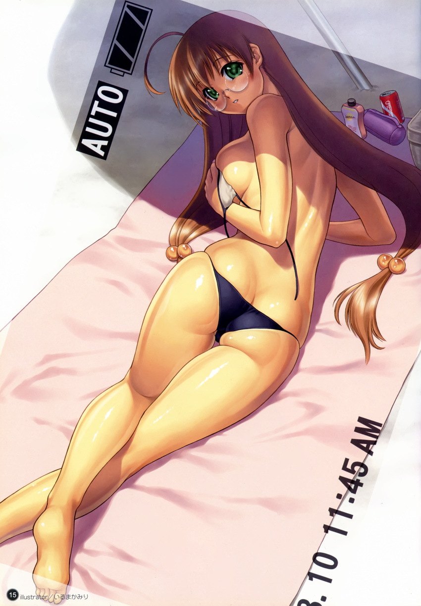 1girl absurdres ahoge ass back barefoot bikini blush breast_hold breasts brown_hair butt_crack can covering covering_breasts crossed_legs_(lying) feet from_behind glasses green_eyes hair_bobbles hair_ornament highres ikkitousen ikkitousen_great_guardians iruma_kamiri large_breasts legs_crossed long_hair looking_back lowleg lowleg_bikini lying on_stomach pov ryuubi_gentoku scan shadow sideboob skindentation soles solo swimsuit tan towel twintails untied very_long_hair viewfinder