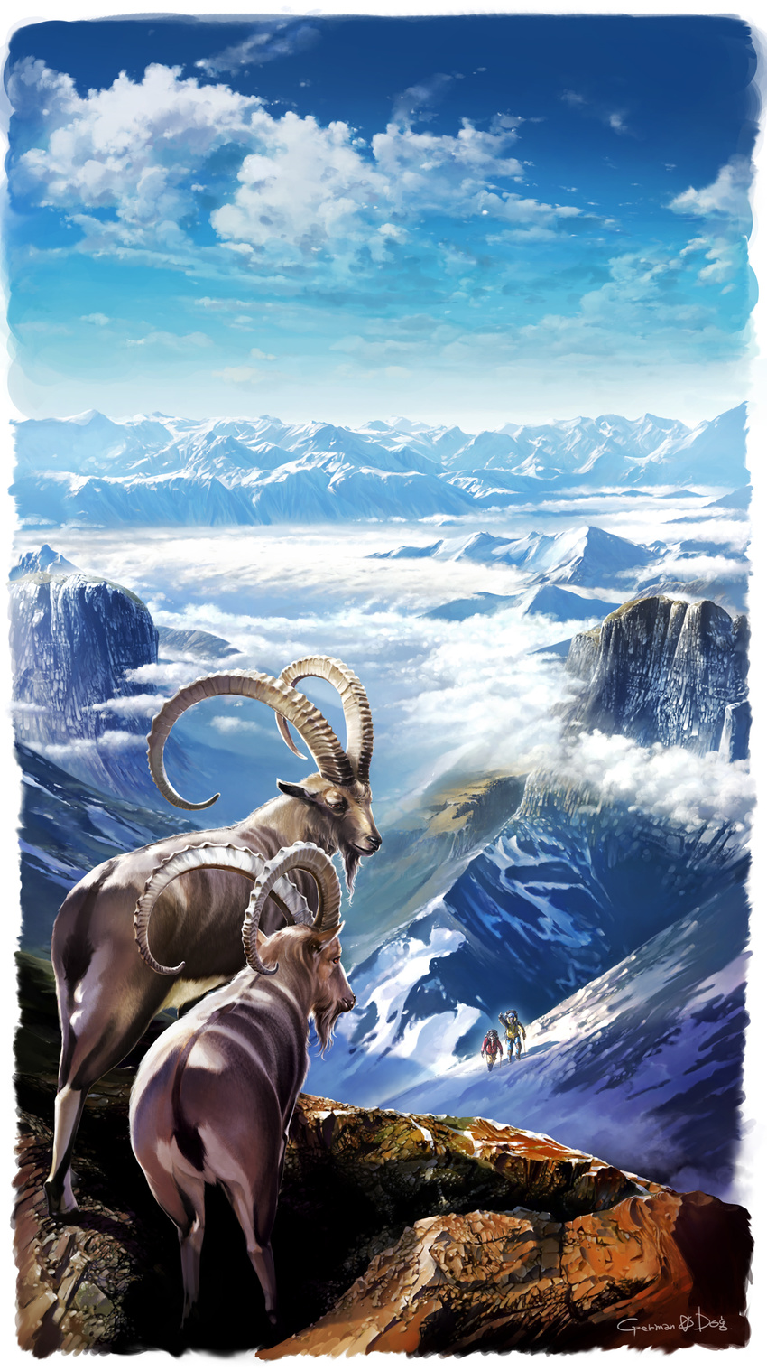 1girl aalge above_clouds bad_id bad_pixiv_id cloud day goat highres horn landscape mountain nature original scenery sky snow