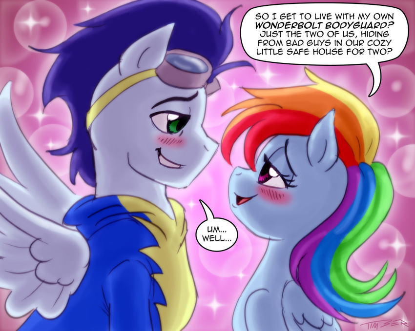 dialog english_text equine eye_contact female feral friendship_is_magic horse male mammal my_little_pony pegasus pluckyninja pony rainbow_dash_(mlp) soarin_(mlp) text timber_(artist) wing_boner wings wonderbolts_(mlp)
