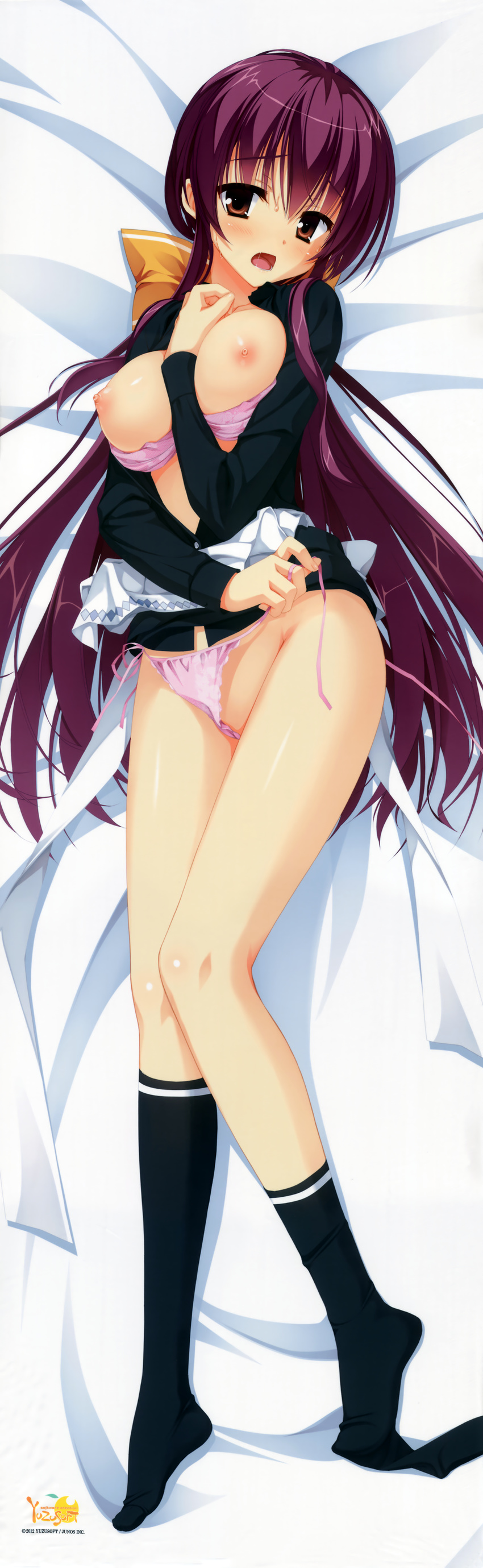 absurdres between_breasts blue_legwear blush bow bra bra_pull breasts brown_eyes dakimakura dracu-riot! full_body hair_bow hand_on_own_chest highres huge_filesize inamura_rio kobuichi long_hair loose_socks lying medium_breasts nipples no_shoes open_clothes open_mouth open_shirt panties pink_bra pink_panties purple_hair saliva scan shirt side-tie_panties skirt skirt_lift socks solo string_panties underwear untied very_long_hair