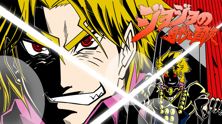 blonde_hair dio_brando eyecatch grin highres jojo_no_kimyou_na_bouken lens_flare male_focus oniyama parody red_eyes smile style_parody tengen_toppa_gurren_lagann