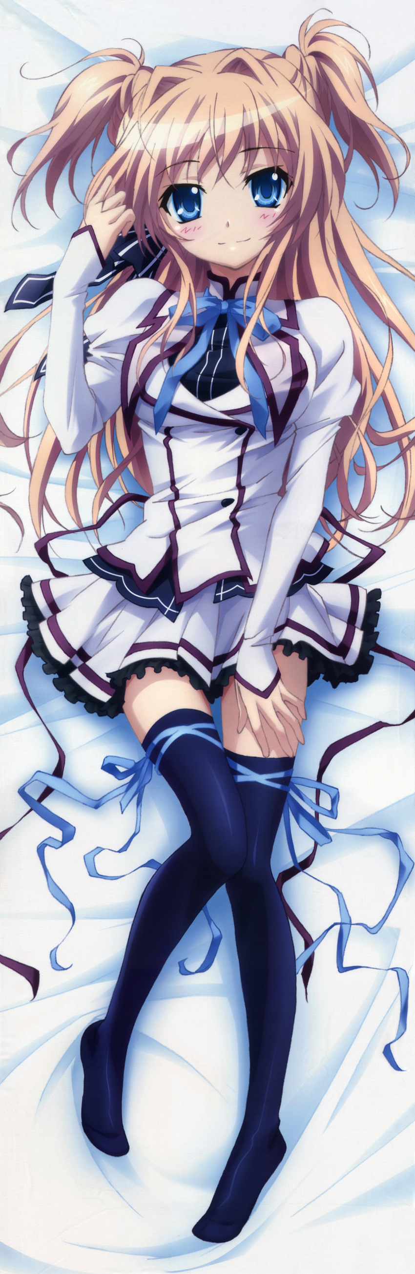 absurdres artist_request bed bed_sheet black_legwear blue_eyes blush brown_hair dakimakura from_above full_body hair_intakes highres legs long_sleeves looking_at_viewer lying mashiroiro_symphony md5_mismatch on_back on_bed on_stomach school_uniform sena_airi skirt solo thighhighs