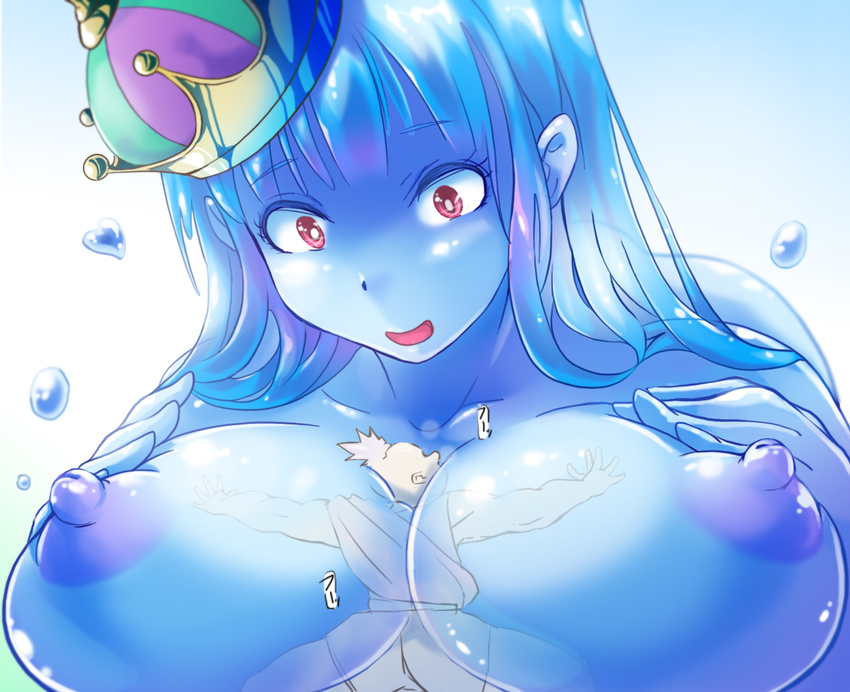 1girl between_breasts blue_hair breasts crown dragon_quest dragon_quest_vi funakura giantess goo_girl hassan_(dq6) heart king_slime large_breasts long_hair monster_girl nipples nude person_between_breasts personification red_eyes