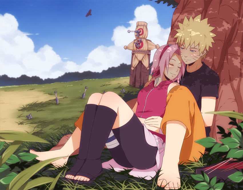 1girl against_tree barefoot between_legs bike_shorts blonde_hair blue_eyes blue_sky blush closed_eyes cloud commentary couple dappled_sunlight day english_commentary gift_art hairband haruno_sakura hetero ichan-desu kunai naruto_(series) naruto_shippuuden nuzzle outdoors pink_hair sandals short_hair shorts shorts_under_skirt shuriken sitting sky smile sunlight tree tree_shade under_tree uzumaki_naruto weapon whisker_markings