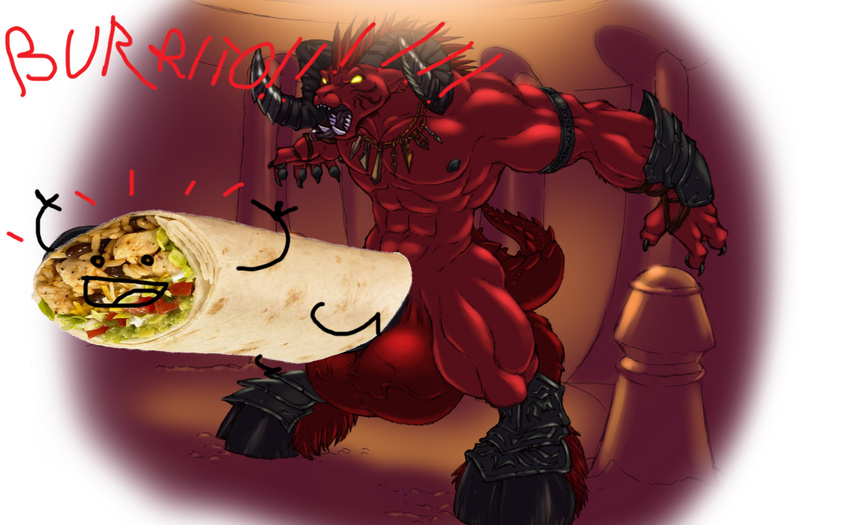 big_balls burrito caprine demon edit english_text erection gideon happy horn hyper male mammal muscles nightmare_fuel nude open_mouth penis piercing ram smile solo text tongue what