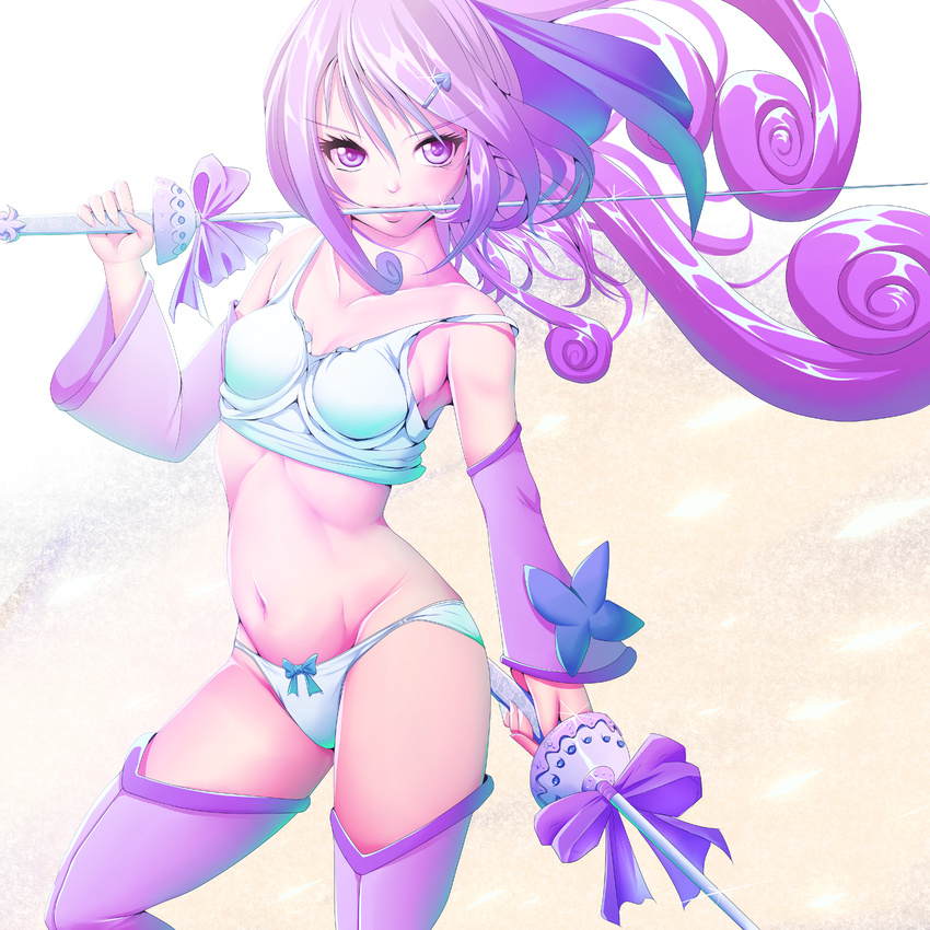 cure_sword dokidoki!_precure dual_wielding eyelashes hair_ornament harihisa highres holding jewelry kenzaki_makoto magical_girl object_namesake panties ponytail precure purple purple_hair rapier ribbon simple_background solo spade_hair_ornament sword underwear weapon white_background white_panties