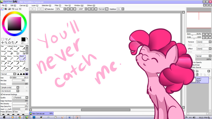 breaking_the_fourth_wall dialog english_text equine eyes_closed female feral friendship_is_magic fur hair happy horse mammal my_little_pony photoshop pink_fur pink_hair pinkie_pie_(mlp) pony shaggy smile solo sprinklespegasister text