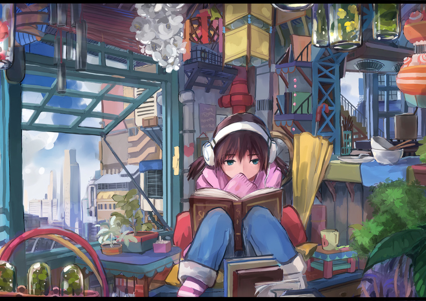 blue_eyes book bowl brown_hair cup dlkdhy flower headset lantern original plant reading short_hair sitting solo twintails