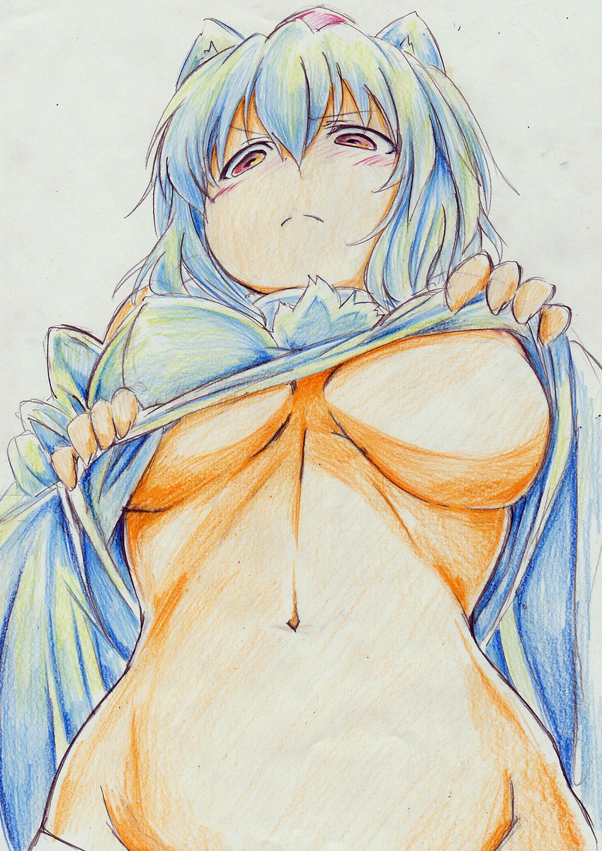 animal_ears blush breasts colored_pencil_(medium) detached_sleeves groin hat highres inubashiri_momiji kitazinger large_breasts looking_down navel out-of-frame_censoring red_eyes shirt_lift solo tail tokin_hat touhou traditional_media underboob white_hair wolf_ears wolf_tail