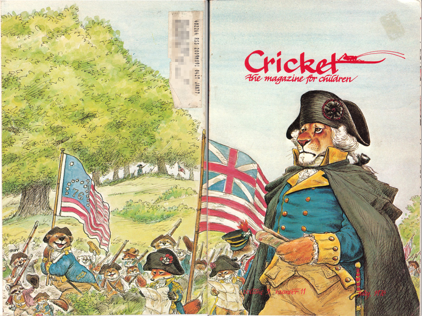 badger bear bennington_flag buttons canine cape continental_flag cover cricket cricket_(magazine) feline flag fox george_washington grass hat lagomorph lion magazine mammal map musket mustelid rabbit raccoon revolutionary_war sky sword tree union_jack wallace_tripp weapon wig wolf wraparound_cover