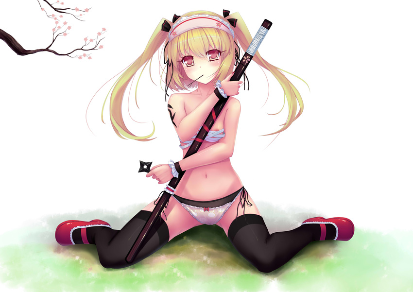 absurdres blonde_hair bow bow_panties breasts hairband highres long_hair mouth_hold navel nipples original panties pink_eyes print_panties ribbon sarashi shuriken side-tie_panties sitting small_breasts solo sonikey0_0 spread_legs sword tattoo twintails underwear underwear_only weapon white_panties wrist_cuffs
