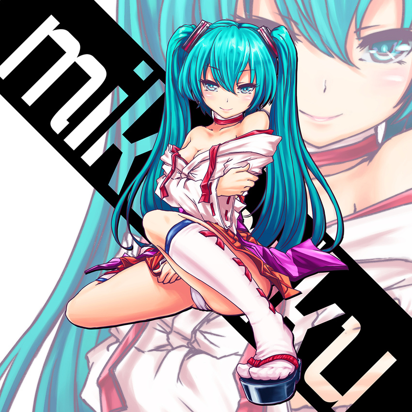 bare_shoulders blush breasts cleavage feet geta gogatsu_no_renkyuu hatsune_miku highres long_hair looking_at_viewer medium_breasts naughty_face panties project_diva project_diva_(series) sandals socks thighhighs twintails underwear undressing vocaloid white_legwear white_panties zoom_layer