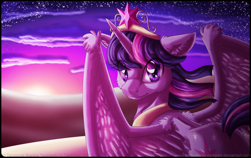 crown cutie_mark equine female feral friendship_is_magic fuzzy gold hair horn horse inuhoshi-to-darkpen looking_at_viewer looking_back mammal multi-colored_hair my_little_pony necklace pony purple_eyes solo standing stars sunset twilight_sparkle_(mlp) winged_unicorn wings