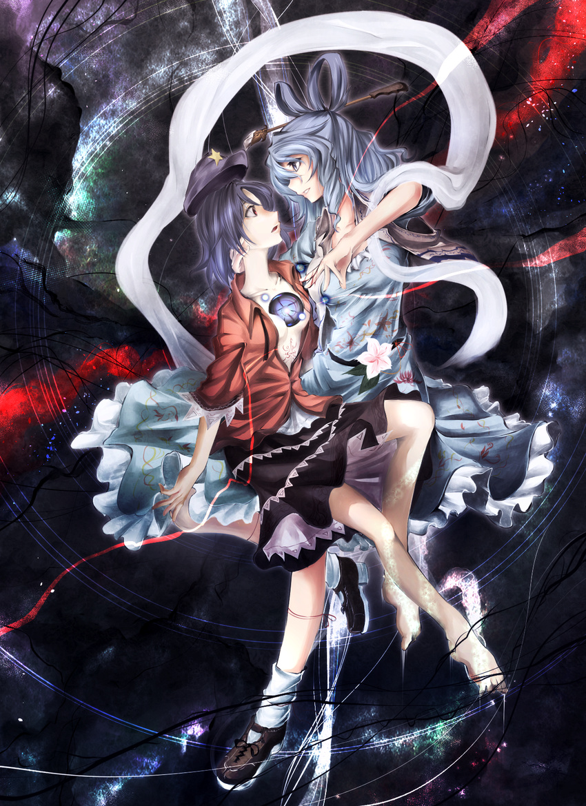 barefoot blue_eyes blue_hair breasts chinese_clothes curly_hair dress flower hair_ornament hair_rings hair_stick highres kakao_(noise-111) kaku_seiga medium_breasts miyako_yoshika multiple_girls open_clothes open_mouth open_shirt purple_hair red_eyes shawl shirt tattoo touhou vest
