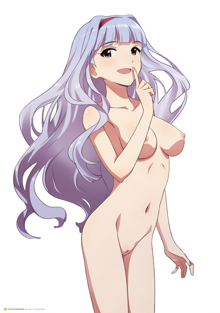 1girl absurdres artist_request blush breasts female fingernails hairband highres idolmaster lavender_hair long_hair nail_polish naked navel nipples nude nude_filter open_mouth photoshop pussy red_eyes shijou_takane simple_background smile solo the_idolm@ster thighs uncensored white_background