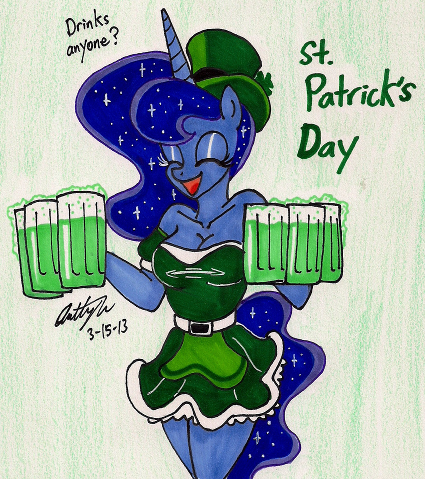 anthro anthrofied blue_hair cleavage clothed clothing equine eyes_closed female friendship_is_magic hair hat holidays horn mammal my_little_pony newyorkx3 open_mouth princess_luna_(mlp) signature solo st._patrick's_day st._patrick's_day top_hat unicorn