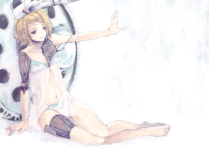 android babydoll bare_arms bare_legs bare_shoulders barefoot black_eyes blonde_hair bow breasts clogs cyborg exposed_muscle gears hair_bow hair_ornament hairclip half-closed_eyes kagamine_rin mayumelo mechanical_arm mechanical_leg mechanical_parts midriff navel outstretched_arm parts_exposed short_hair sitting small_breasts solo strap_slip underwear underwear_only vocaloid